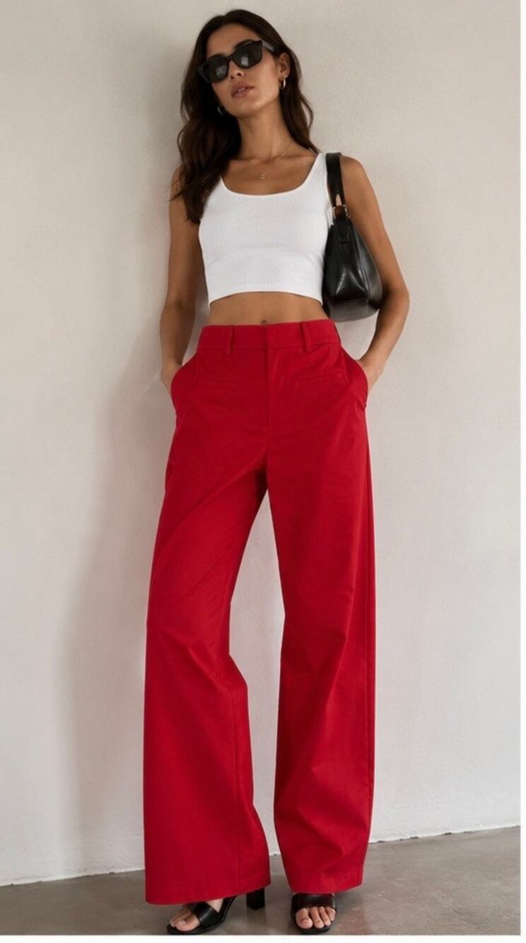 Valentino Garavani Red Cotton Wide Leg High Rise Pants IT44 NWT